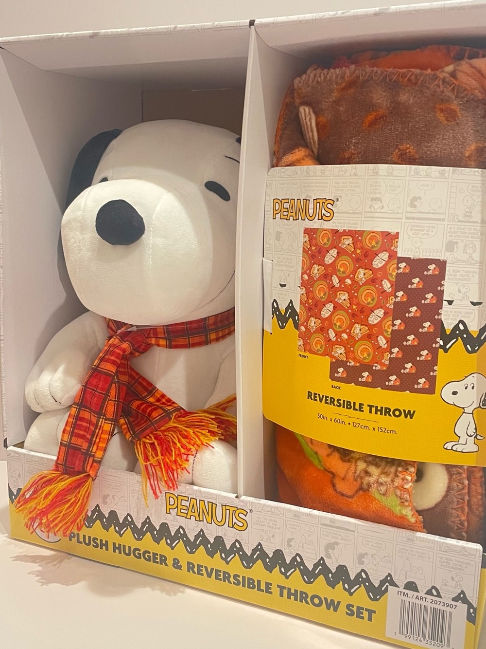 Peanuts Snoopy Plush Hugger with Orange Plaid Scarf & Orange Reversible Throw